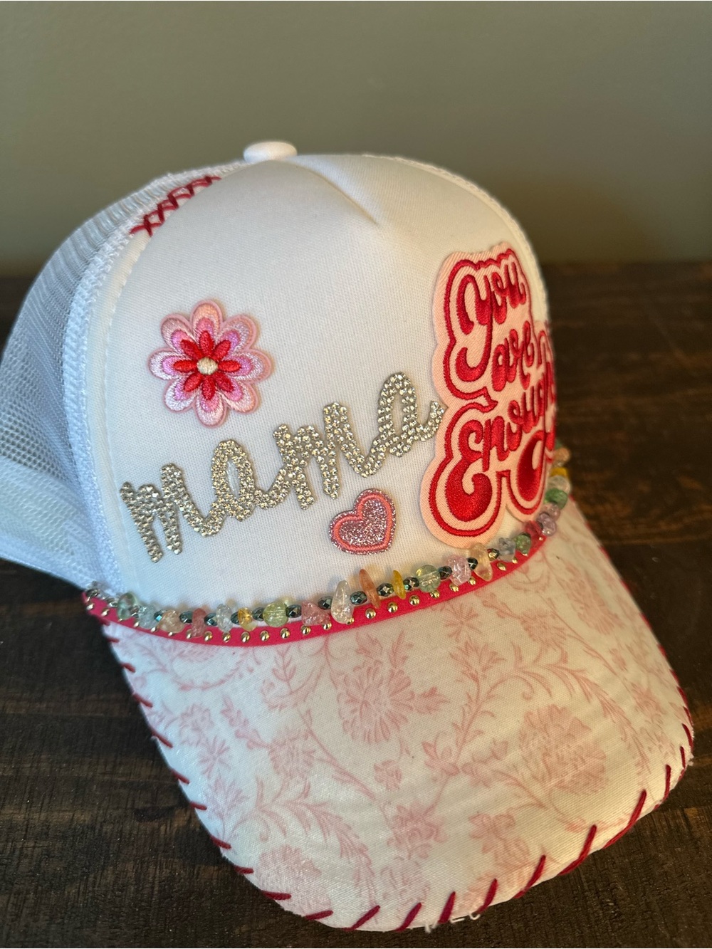 Woman White & Pink Embellished Trucker Hat - Mama Patch